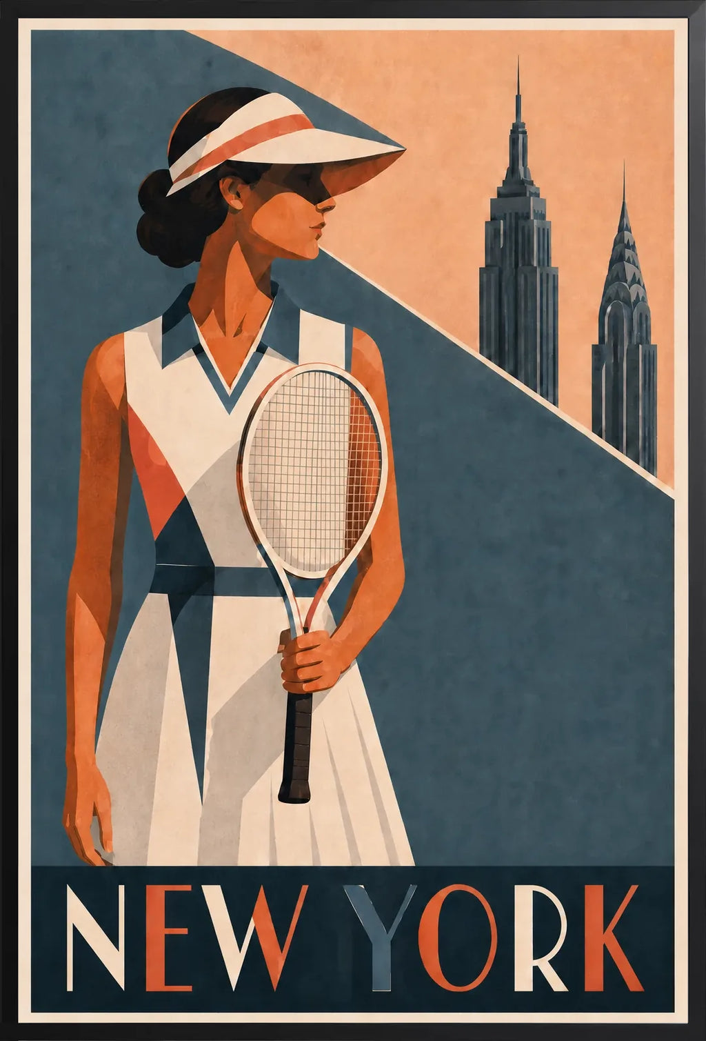 Affiche New York Tennis Femme Coral profil, affiche Art déco de tennis new-yorkaise