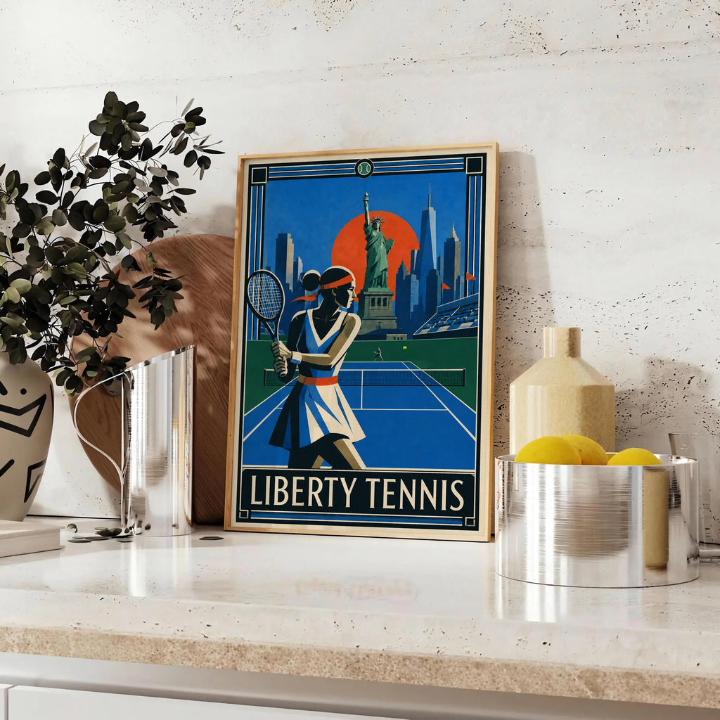 Affiche New York Tennis Liberty Femme revers à deux mains, affiche Art déco de tennis new-yorkaise