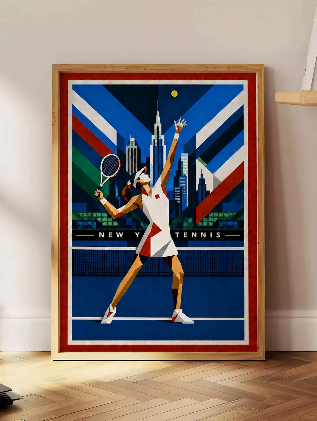 Affiche New York Tennis Geometric Femme service vers le trophée, affiche Art déco de tennis new-yorkaise