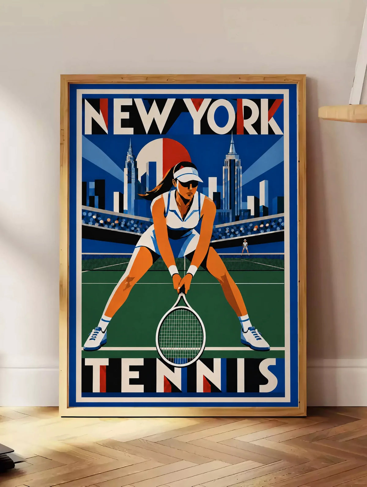Affiche New York Tennis New York Tennis Femme Crouched revers, affiche Art déco de tennis new-yorkaise