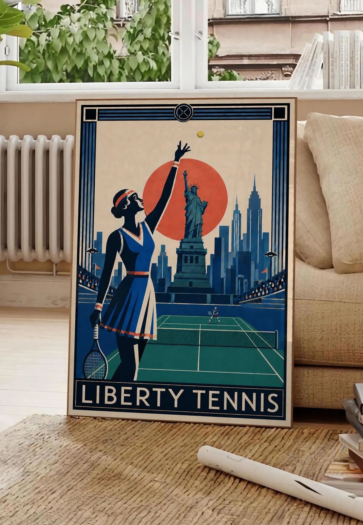 Affiche New York Tennis Liberty Tennis Femme service, affiche Art déco de tennis new-yorkaise