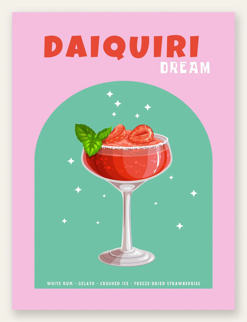 Affiche cocktail Daiquiri fraise, verre coupe rouge, menthe et arche vert menthe