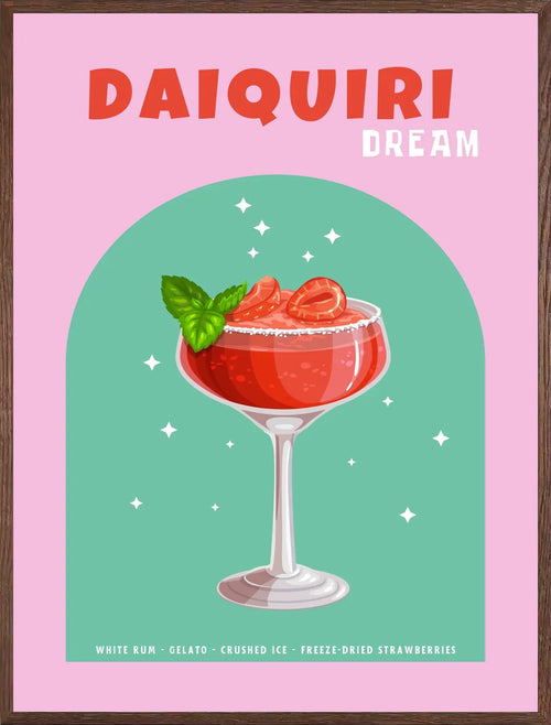 Cadre chene clair entourant l'affiche daiquiri fraise rose et vert