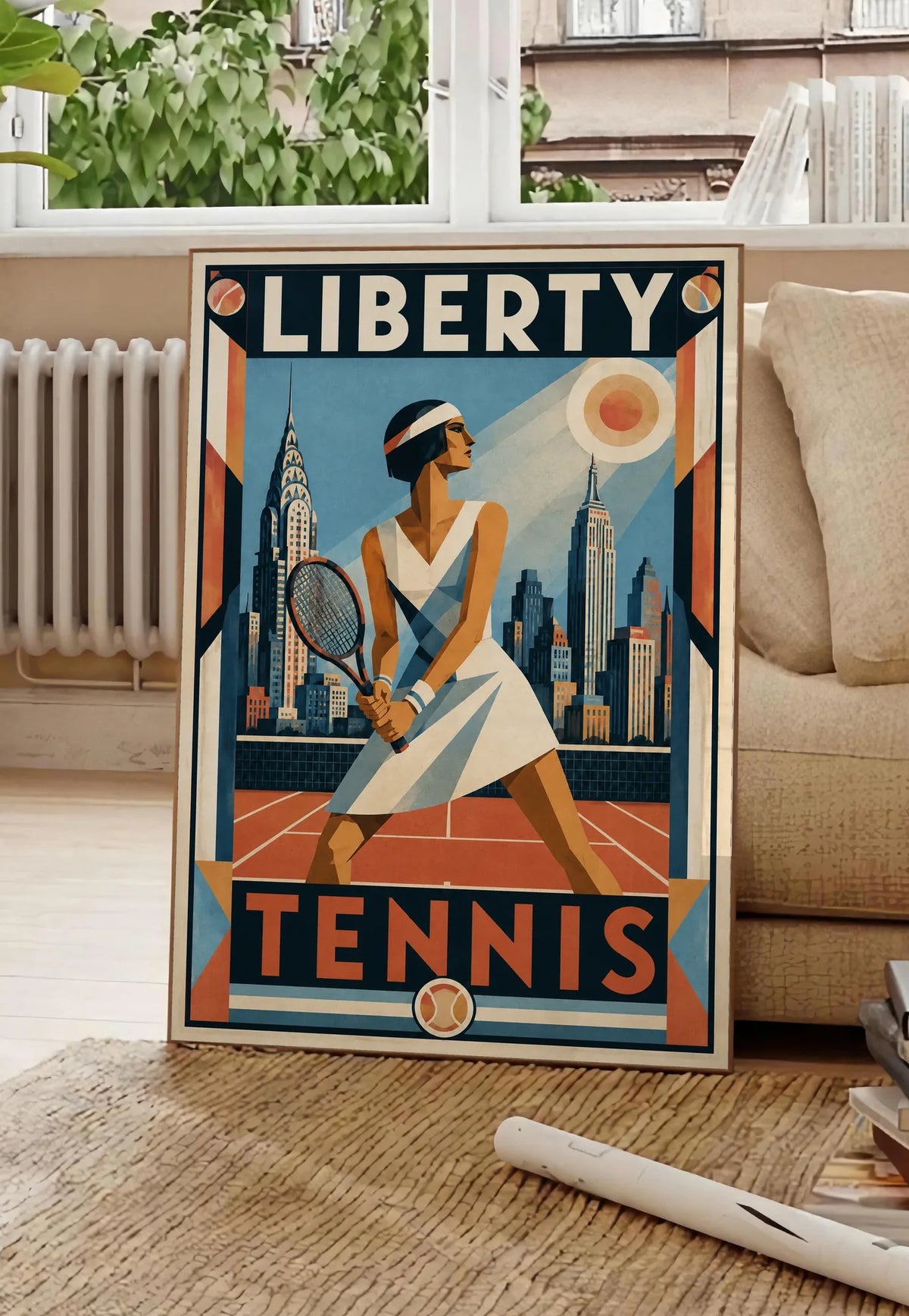 Affiche New York Tennis Femme panorama new-yorkais prêt Pose, affiche Art déco de tennis new-yorkaise
