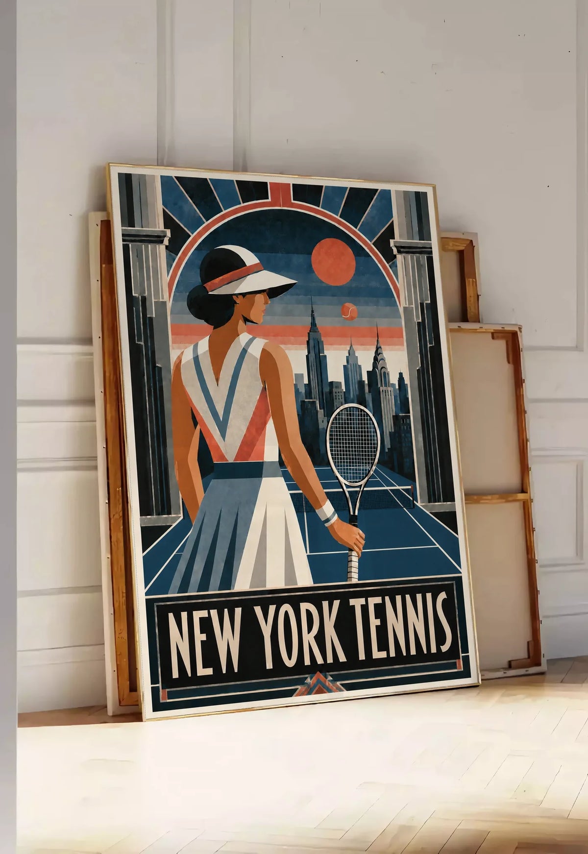 Affiche New York Tennis Femme Art Deco portrait sur court 3, affiche Art déco de tennis new-yorkaise