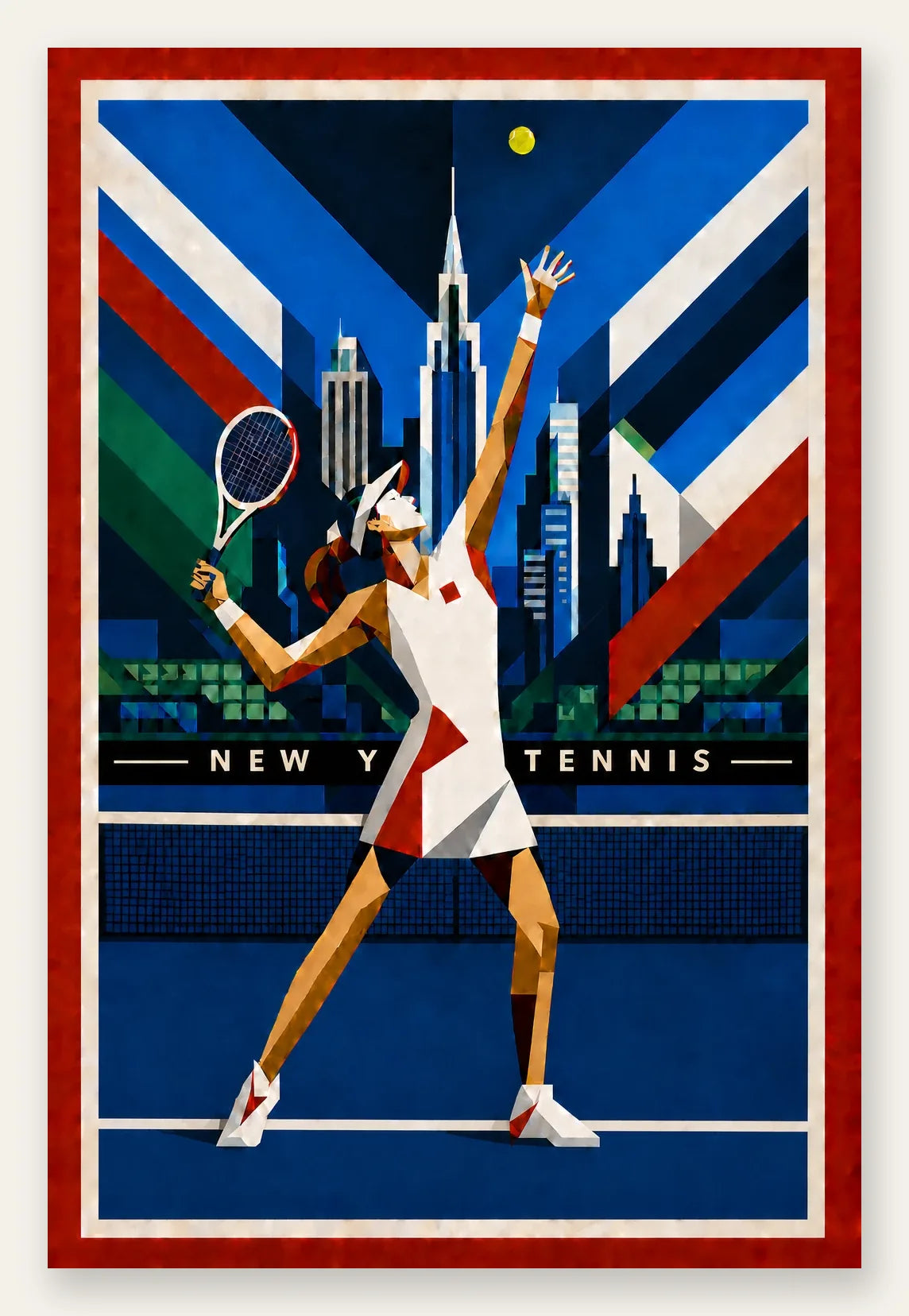 Affiche New York Tennis Geometric Femme service vers le trophée, affiche Art déco de tennis new-yorkaise