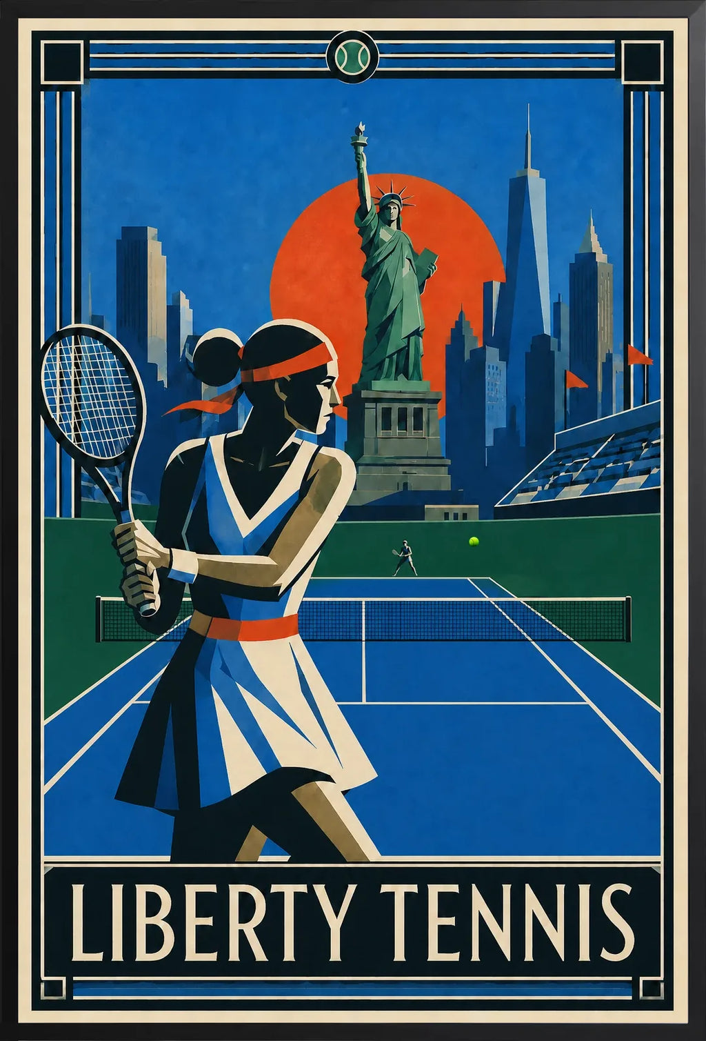 Affiche New York Tennis Liberty Femme revers à deux mains, affiche Art déco de tennis new-yorkaise