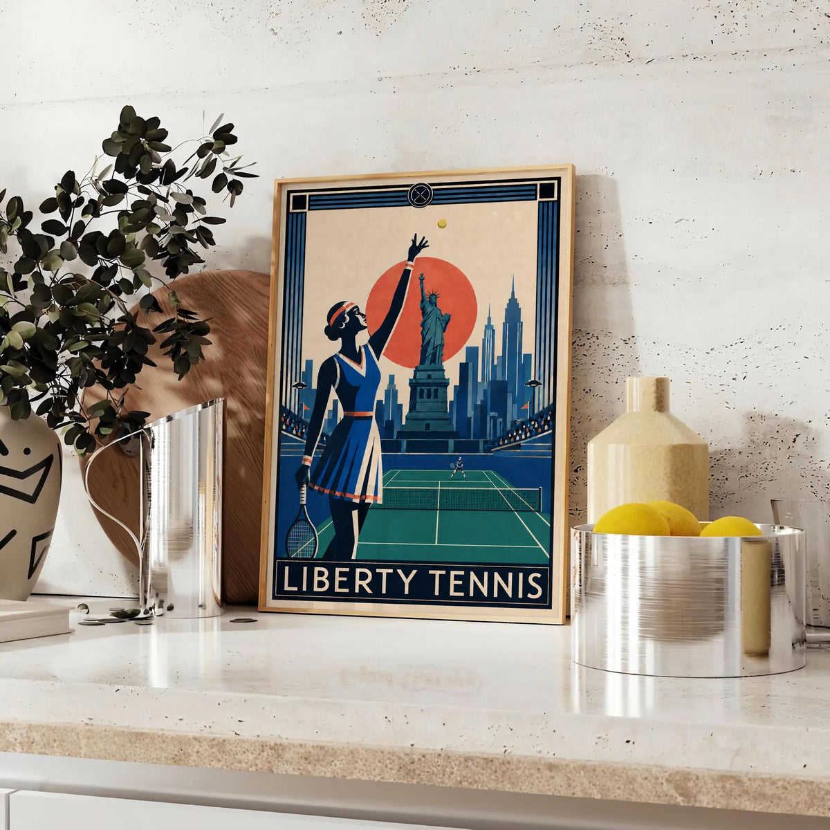 Affiche New York Tennis Liberty Tennis Femme service, affiche Art déco de tennis new-yorkaise