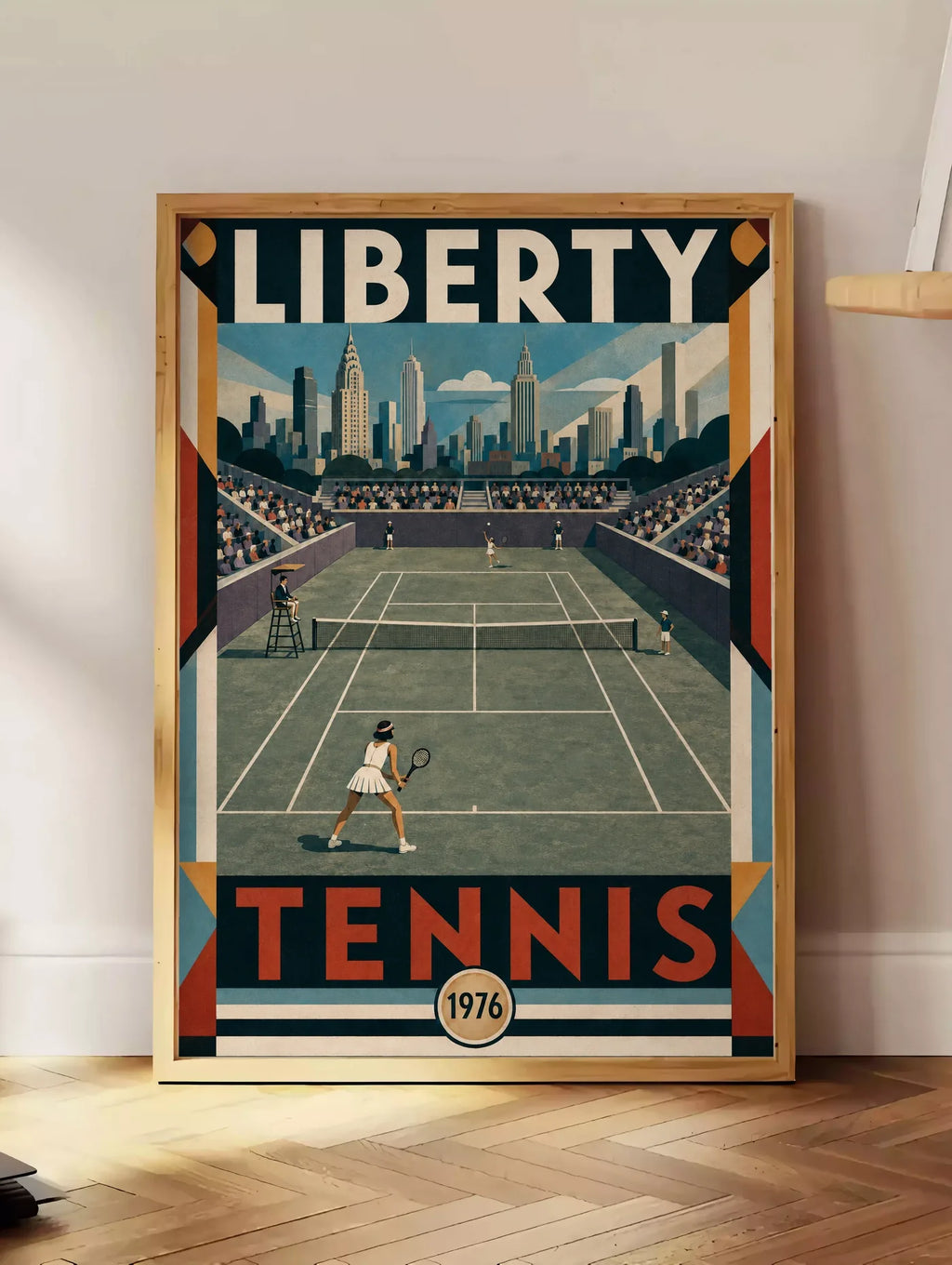 Affiche New York Tennis Liberty Tennis 1976 Femme Har-Tru Court View, affiche Art déco de tennis new-yorkaise