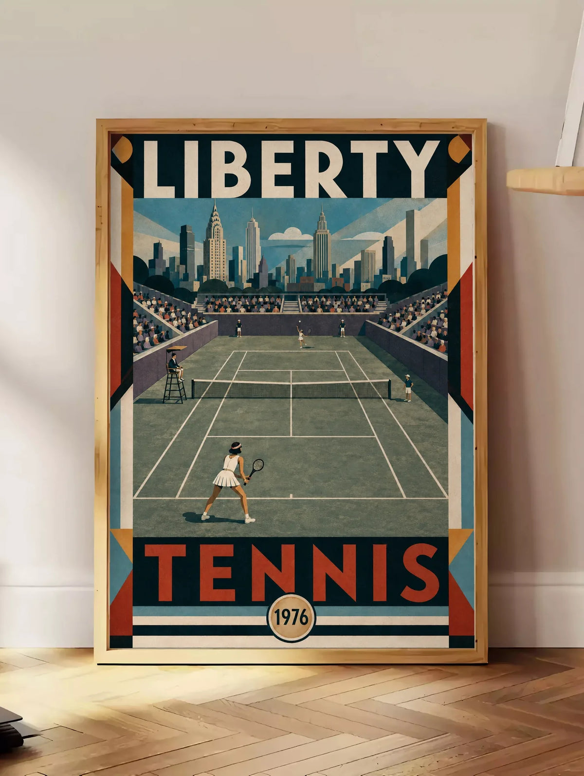 Affiche New York Tennis Liberty Tennis 1976 Femme Har-Tru Court View, affiche Art déco de tennis new-yorkaise
