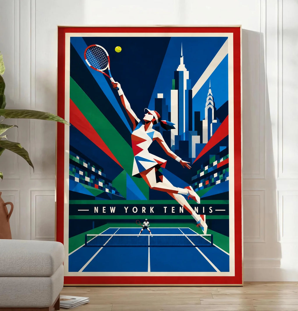 Affiche New York Tennis New York Tennis Femme action offensive, affiche Art déco de tennis new-yorkaise