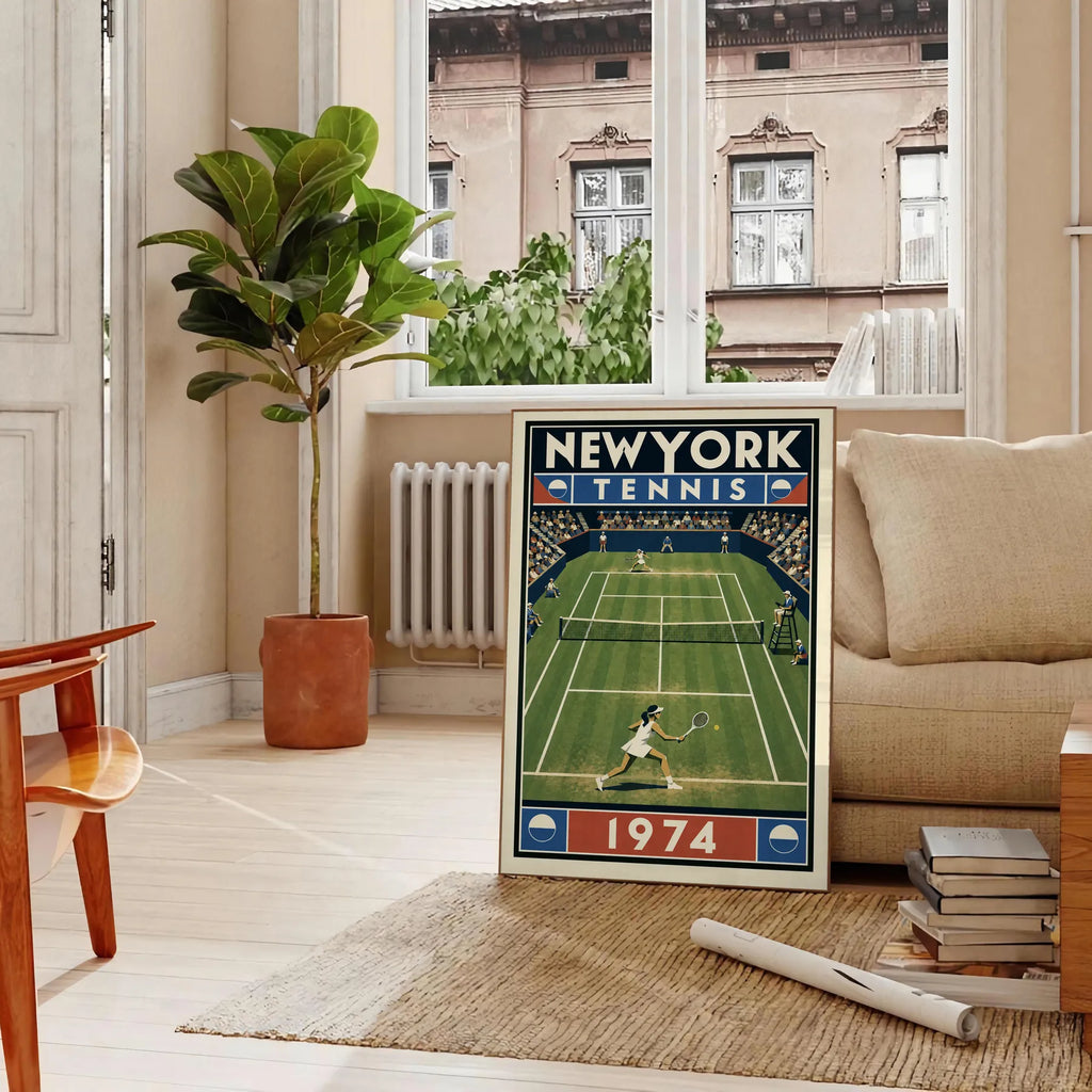 Affiche New York Tennis New York Tennis 1974 Femme gazon volée Court, affiche Art déco de tennis new-yorkaise