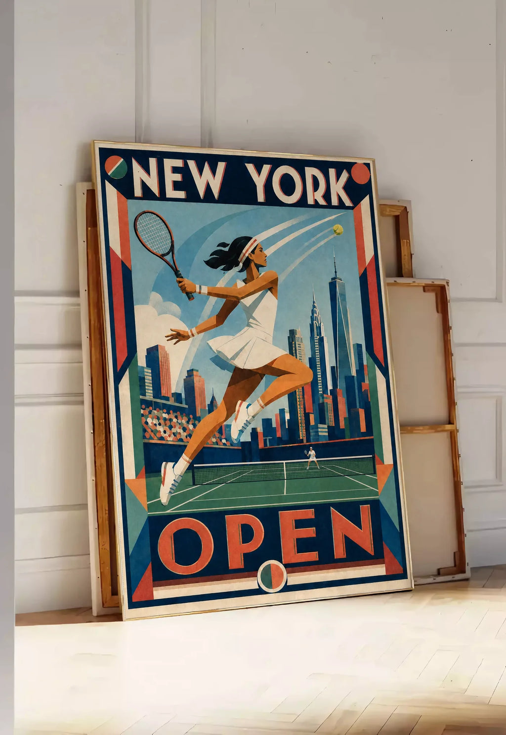 Affiche New York Tennis Open Female Leaping One Hand revers, affiche Art déco de tennis new-yorkaise