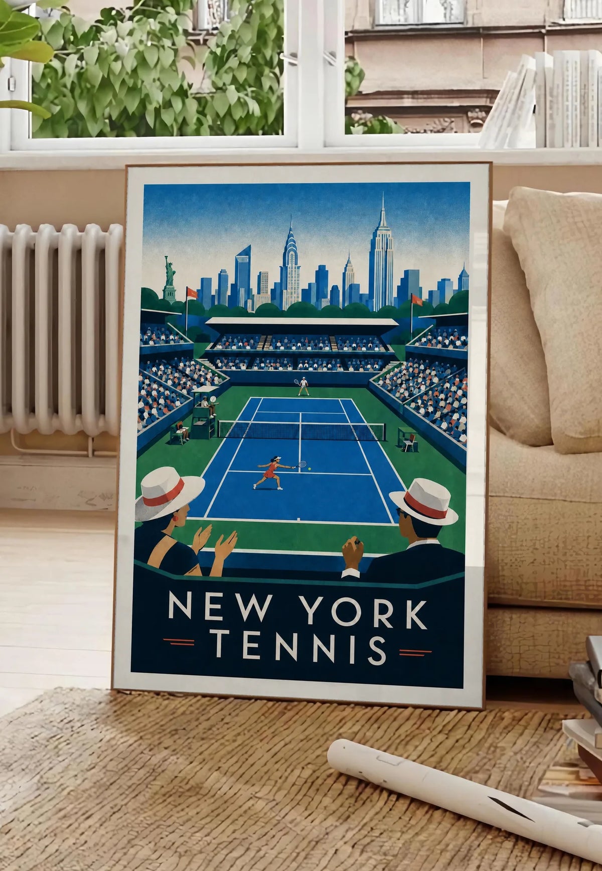 Affiche New York Tennis Stadium Femme Sprint volée, affiche Art déco de tennis new-yorkaise