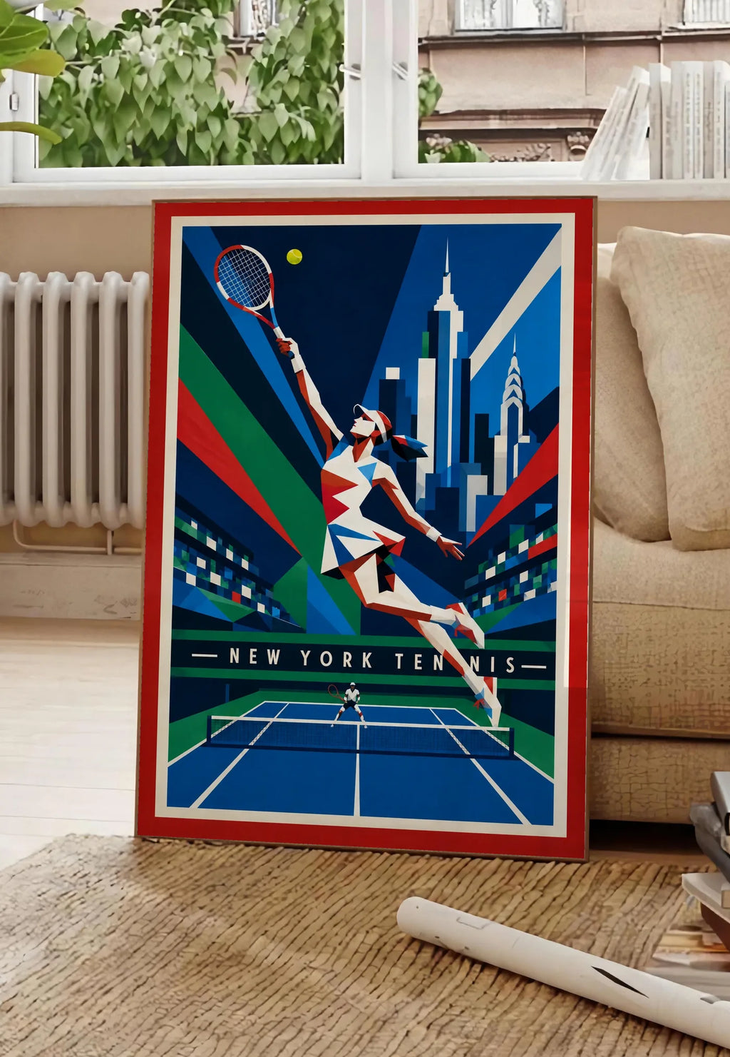 Affiche New York Tennis New York Tennis Femme action offensive, affiche Art déco de tennis new-yorkaise