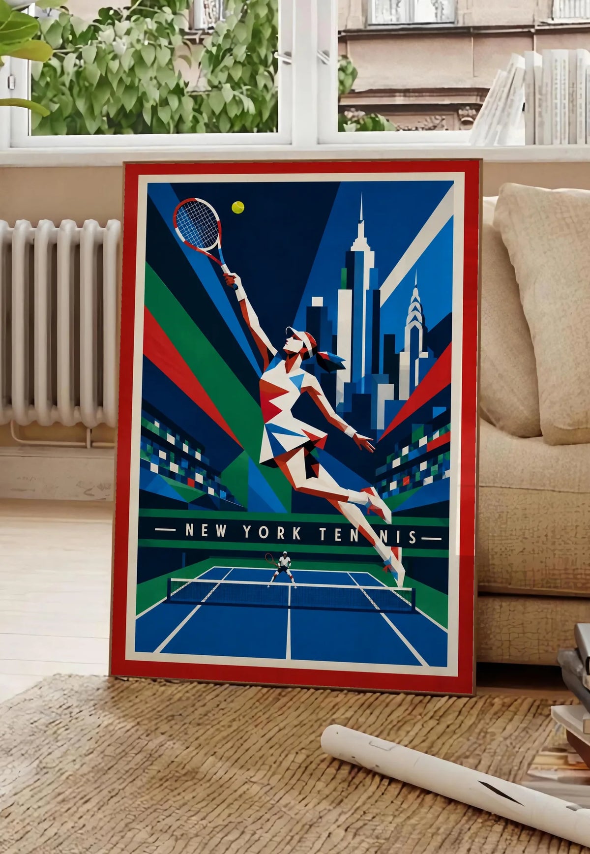 Affiche New York Tennis New York Tennis Femme action offensive, affiche Art déco de tennis new-yorkaise
