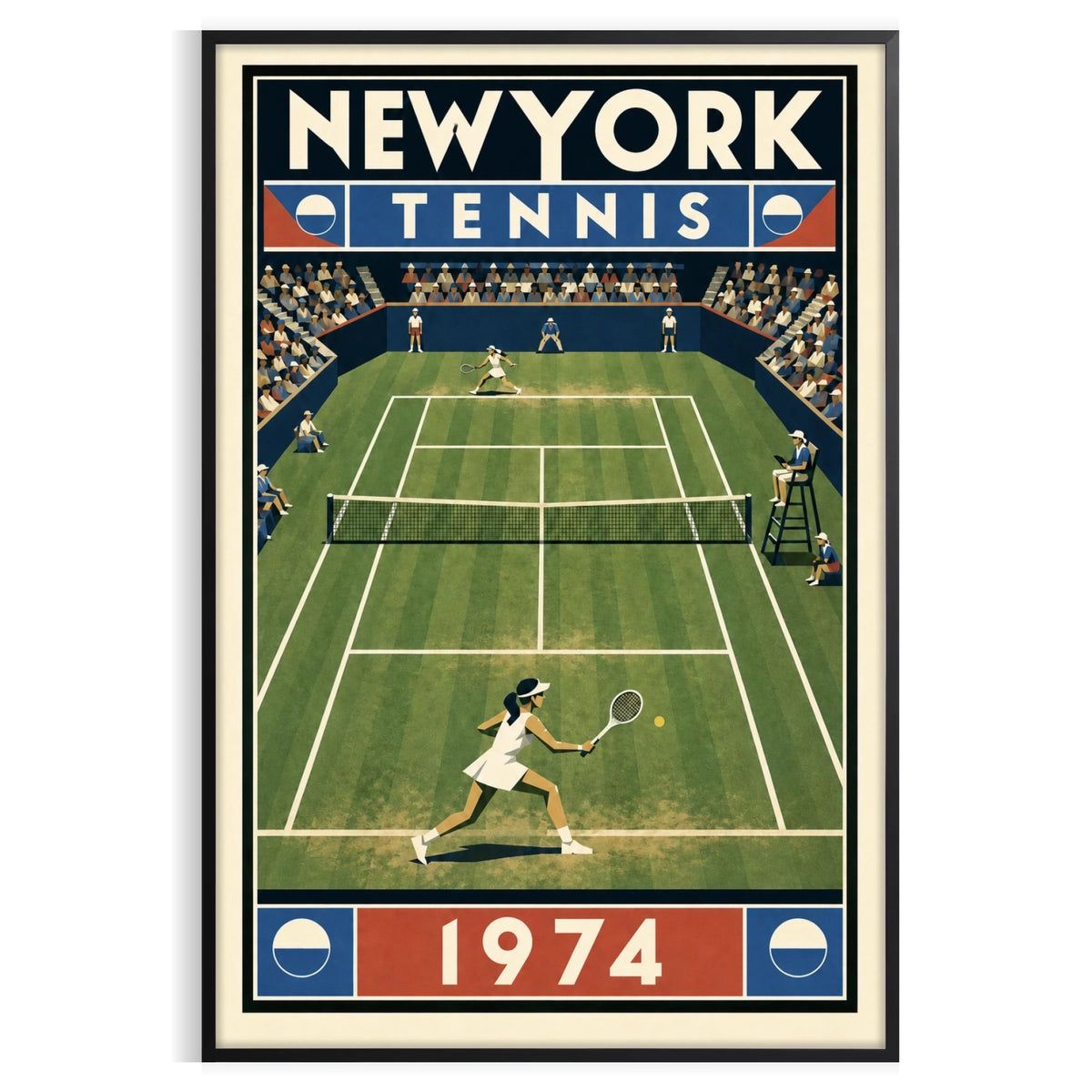Affiche New York Tennis New York Tennis 1974 Femme gazon volée Court, affiche Art déco de tennis new-yorkaise