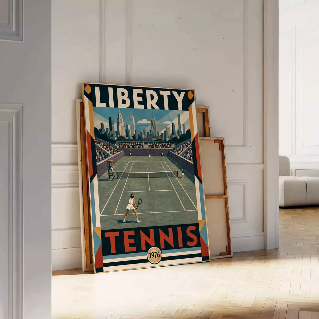 Affiche New York Tennis Liberty Tennis 1976 Femme Har-Tru Court View, affiche Art déco de tennis new-yorkaise