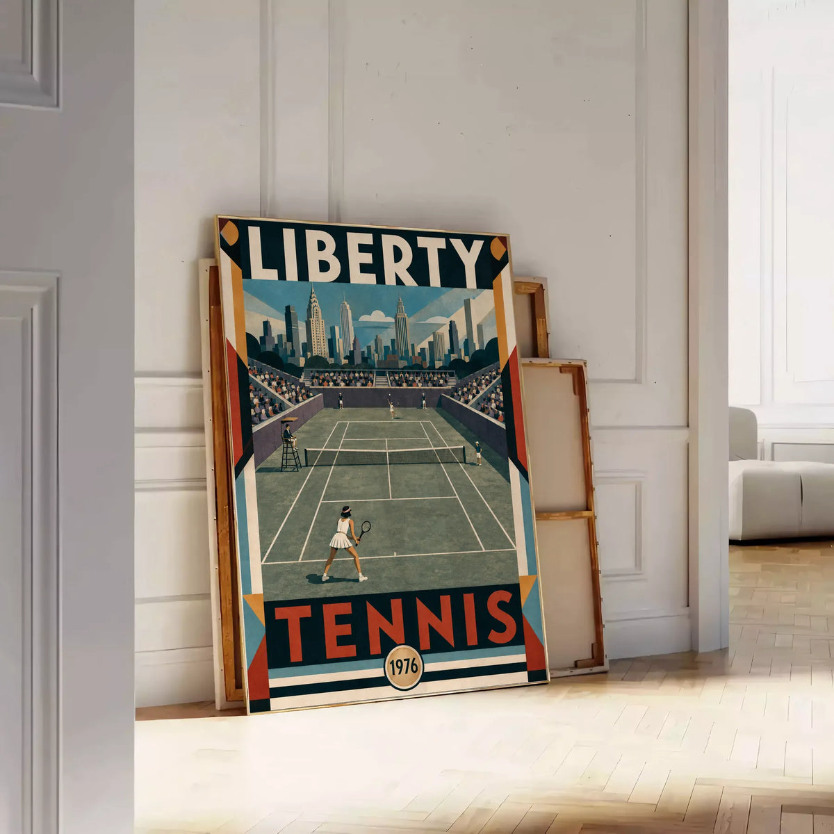 Affiche New York Tennis Liberty Tennis 1976 Femme Har-Tru Court View, affiche Art déco de tennis new-yorkaise