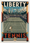 Affiche New York Tennis Liberty Tennis 1976 Femme Har-Tru Court View, affiche Art déco de tennis new-yorkaise