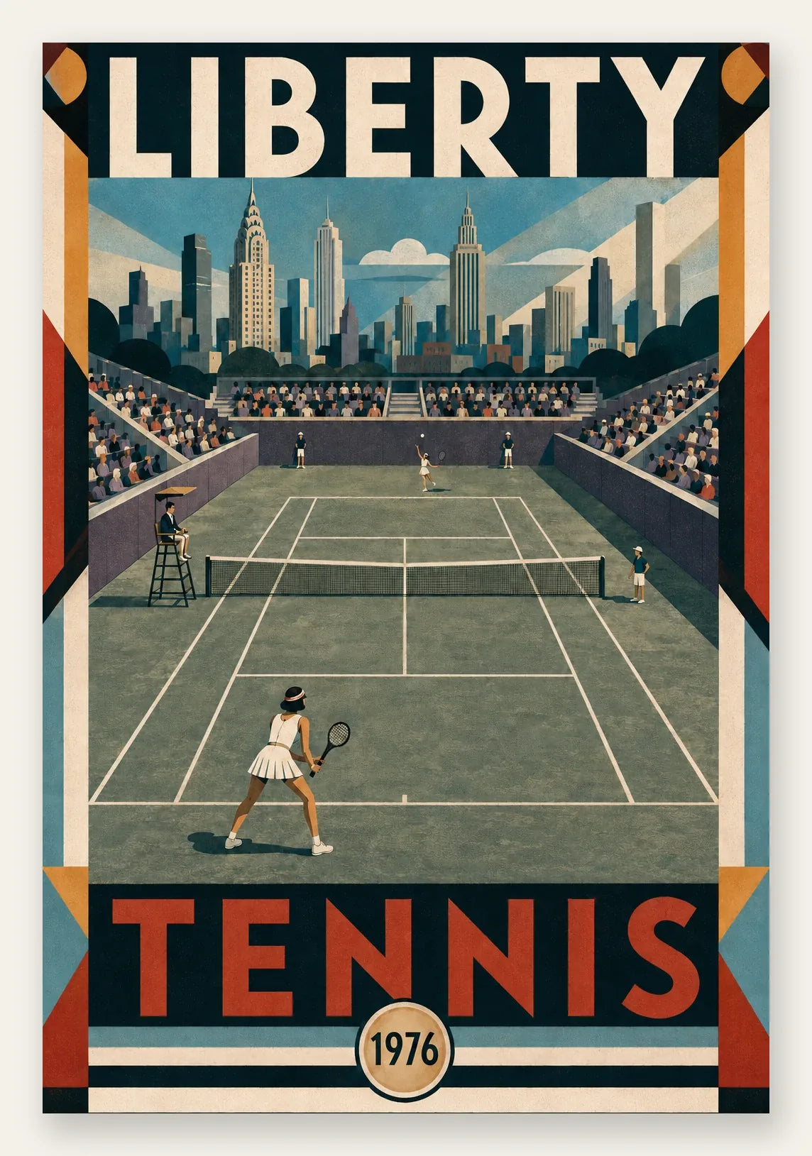 Affiche New York Tennis Liberty Tennis 1976 Femme Har-Tru Court View, affiche Art déco de tennis new-yorkaise