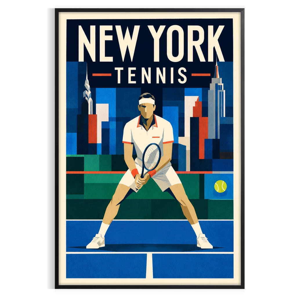 Affiche New York Tennis Ny Male Split Step prêt, affiche Art déco de tennis new-yorkaise