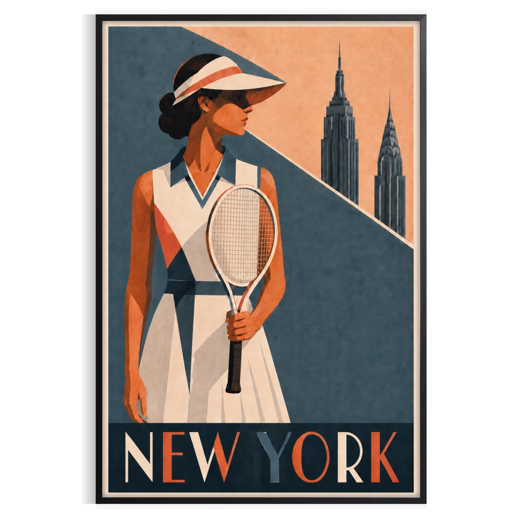 Affiche New York Tennis Femme Coral profil, affiche Art déco de tennis new-yorkaise