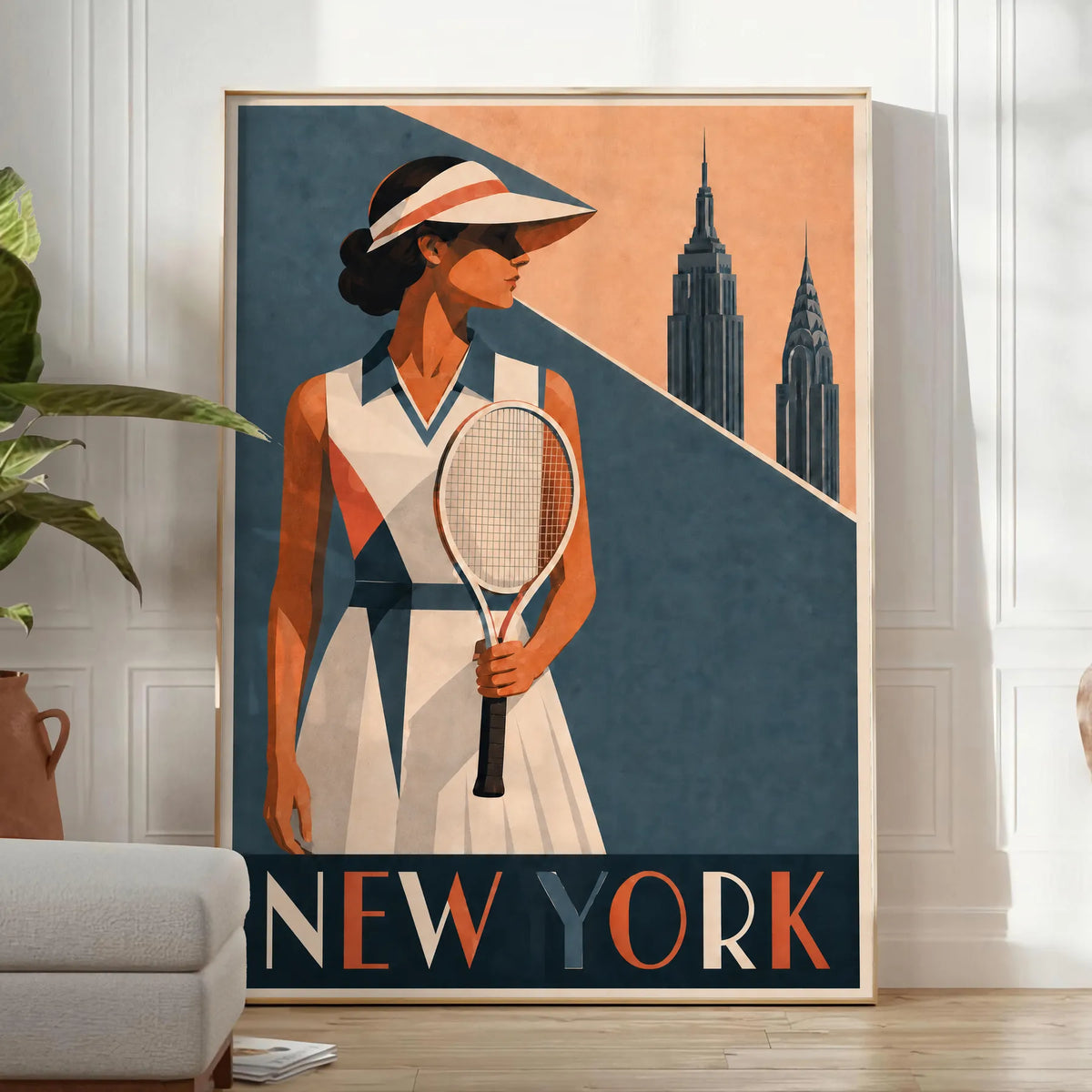 Affiche New York Tennis Femme Coral profil, affiche Art déco de tennis new-yorkaise