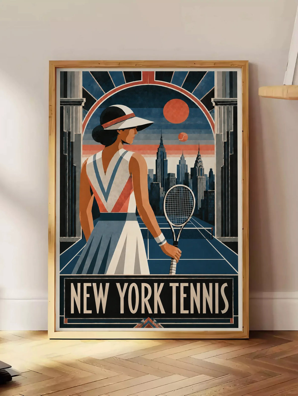 Affiche New York Tennis Femme Art Deco portrait sur court 3, affiche Art déco de tennis new-yorkaise