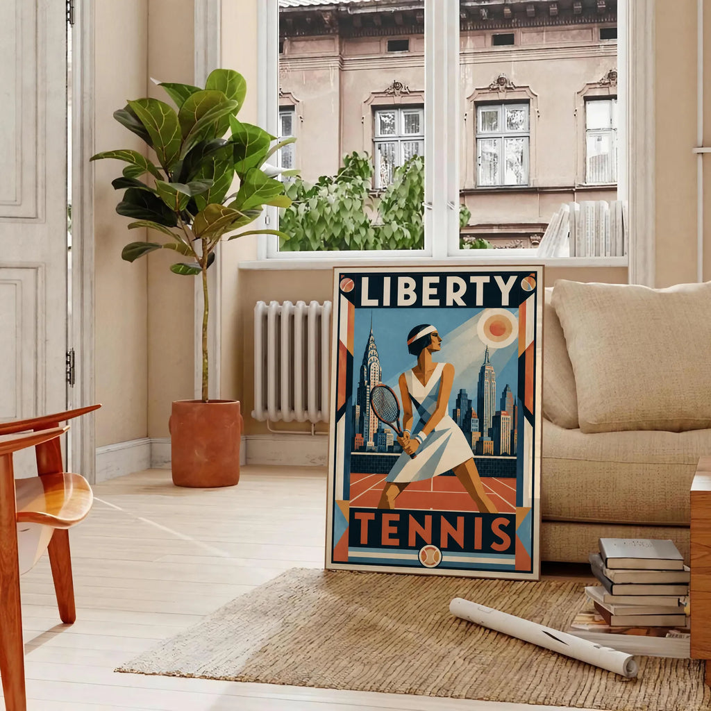 Affiche New York Tennis Femme panorama new-yorkais prêt Pose, affiche Art déco de tennis new-yorkaise