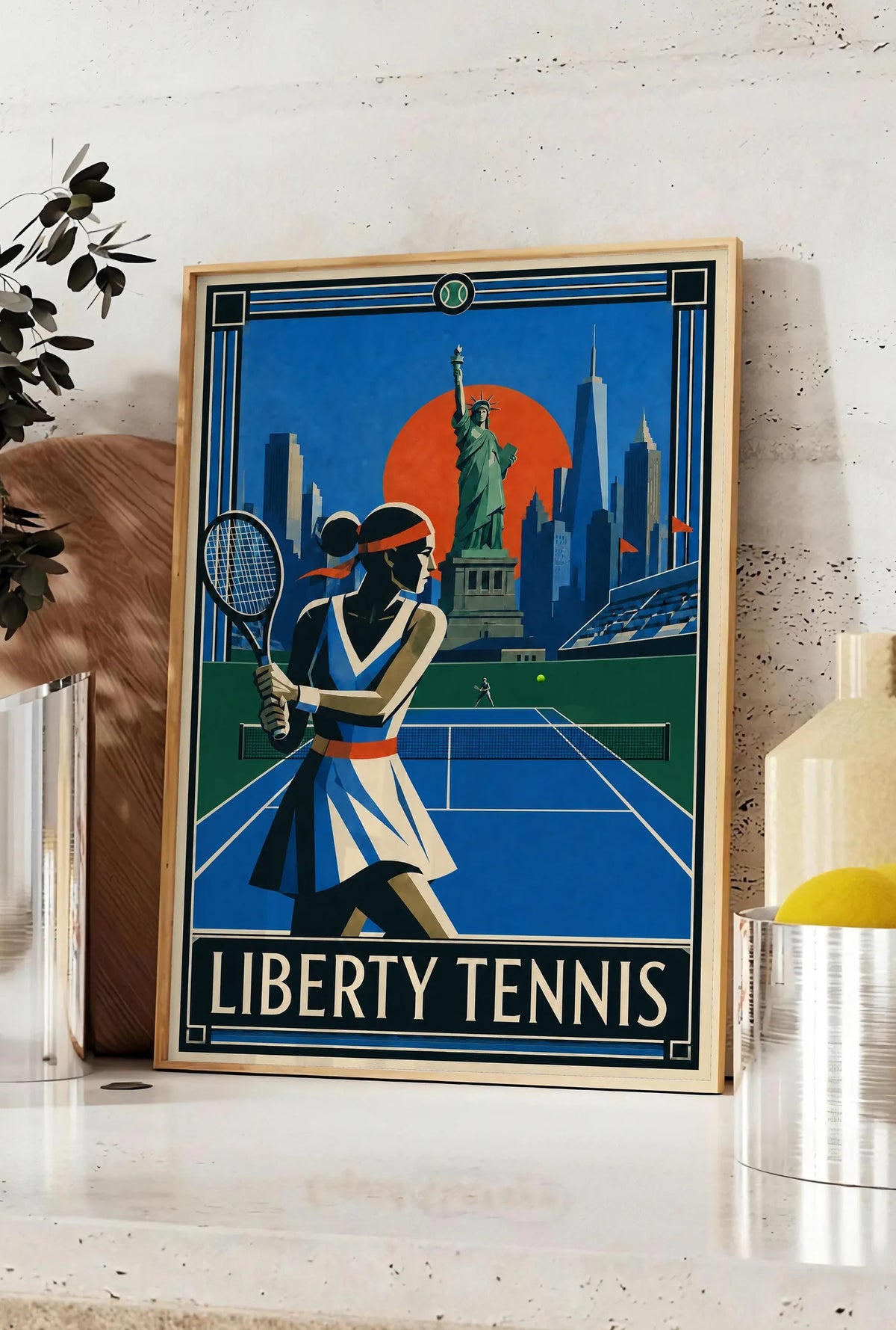 Affiche New York Tennis Liberty Femme revers à deux mains, affiche Art déco de tennis new-yorkaise