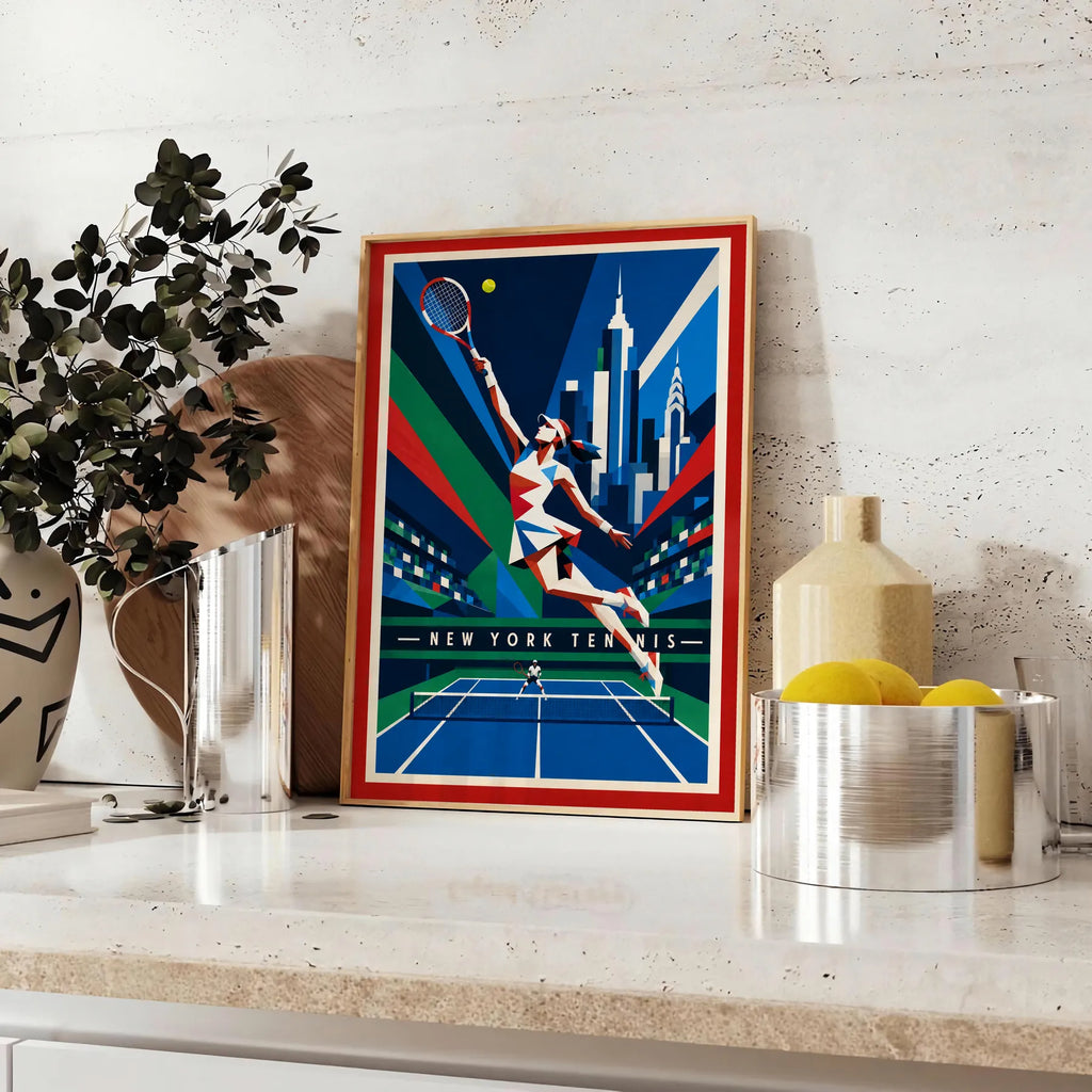 Affiche New York Tennis New York Tennis Femme action offensive, affiche Art déco de tennis new-yorkaise