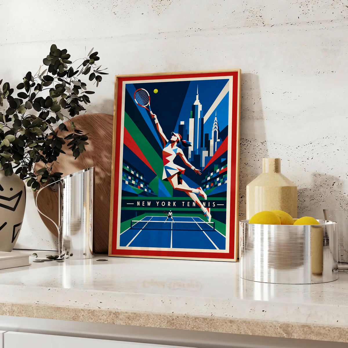 Affiche New York Tennis New York Tennis Femme action offensive, affiche Art déco de tennis new-yorkaise