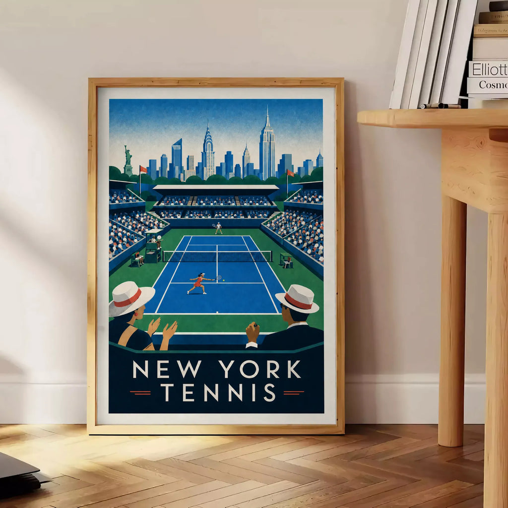 Affiche New York Tennis Stadium Femme Sprint volée, affiche Art déco de tennis new-yorkaise