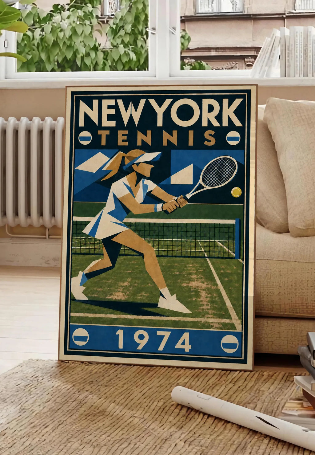 Affiche New York Tennis New York Tennis 1974 Femme gazon volée, affiche Art déco de tennis new-yorkaise