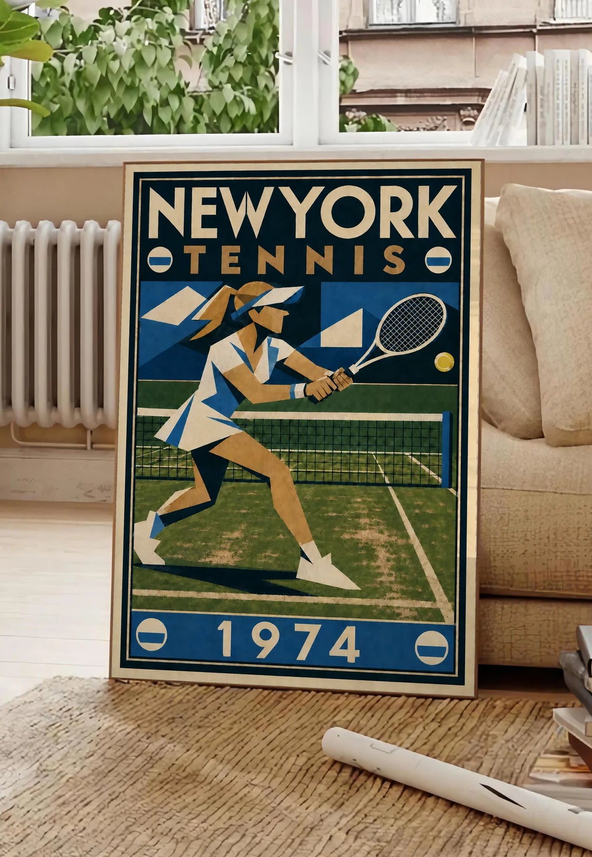 Affiche New York Tennis New York Tennis 1974 Femme gazon volée, affiche Art déco de tennis new-yorkaise
