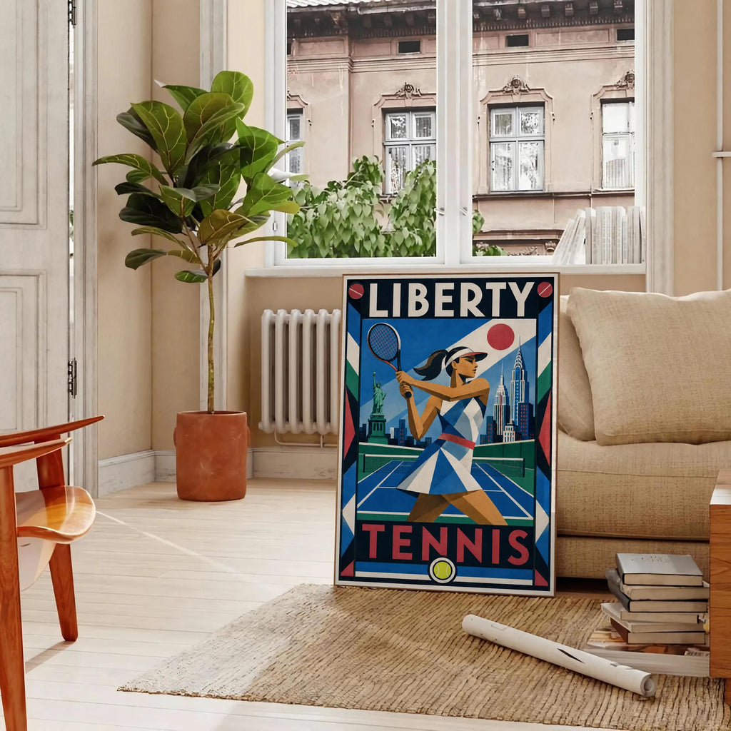 Affiche New York Tennis New York Tennis Femme revers Finish, affiche Art déco de tennis new-yorkaise
