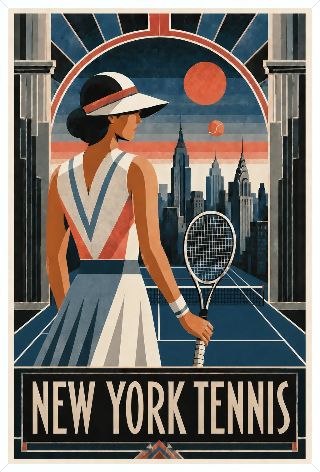 Affiche New York Tennis Femme Art Deco portrait sur court 3, affiche Art déco de tennis new-yorkaise