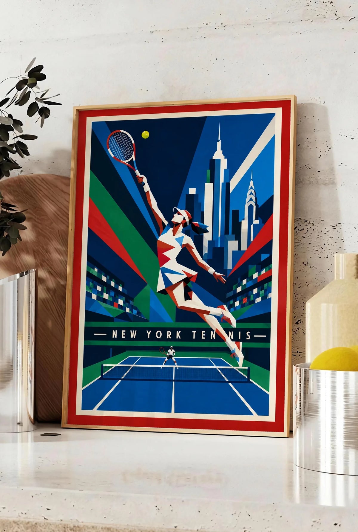 Affiche New York Tennis New York Tennis Femme action offensive, affiche Art déco de tennis new-yorkaise