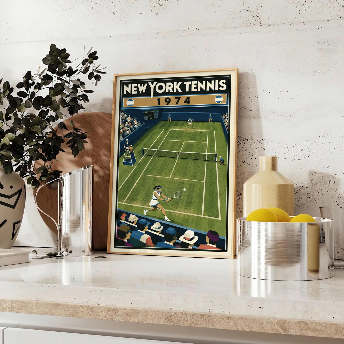 Affiche New York Tennis New York Tennis 1974 gazon revers croisé, affiche Art déco de tennis new-yorkaise