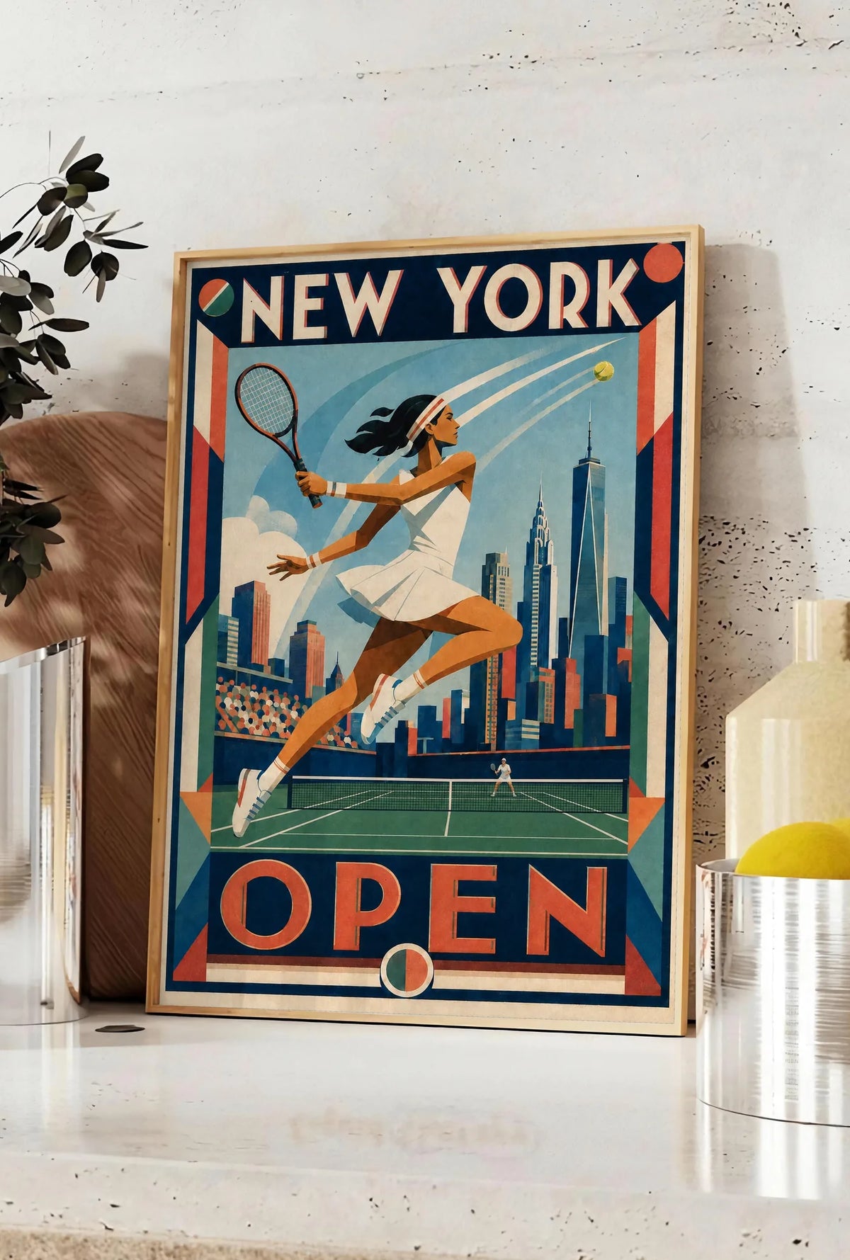 Affiche New York Tennis Open Female Leaping One Hand revers, affiche Art déco de tennis new-yorkaise