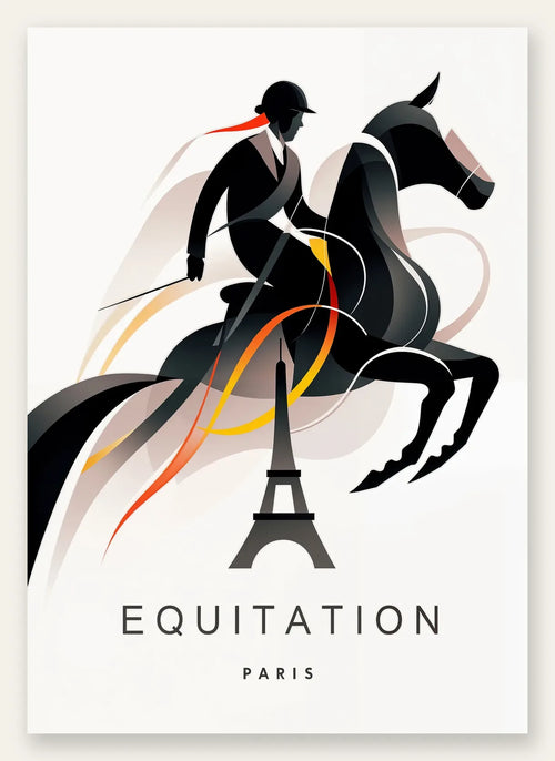 Affiche equitation Paris, cavalier silhouette sur un cheval au saut et tour Eiffel