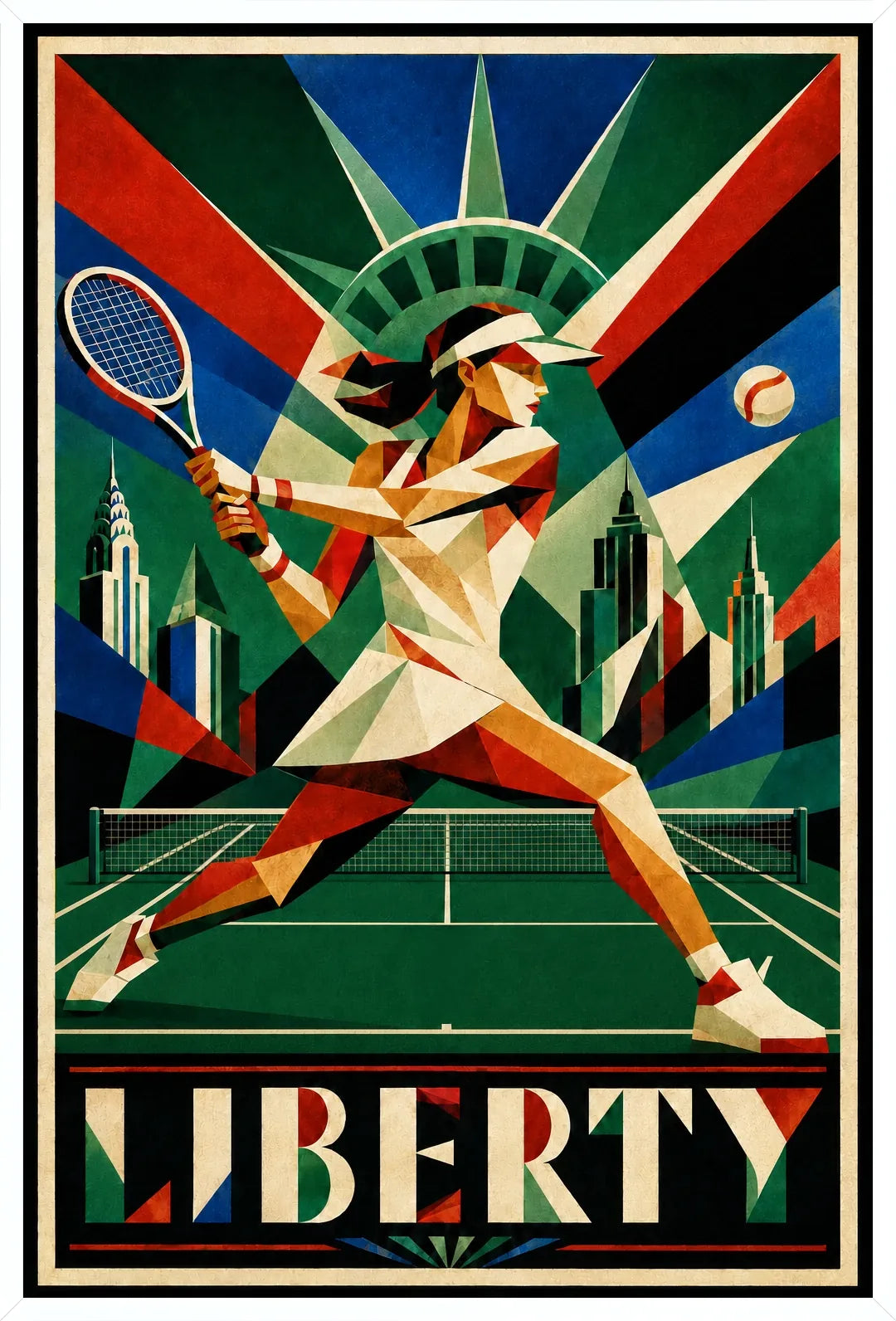 Affiche New York Tennis Femme Liberty revers, affiche Art déco de tennis new-yorkaise