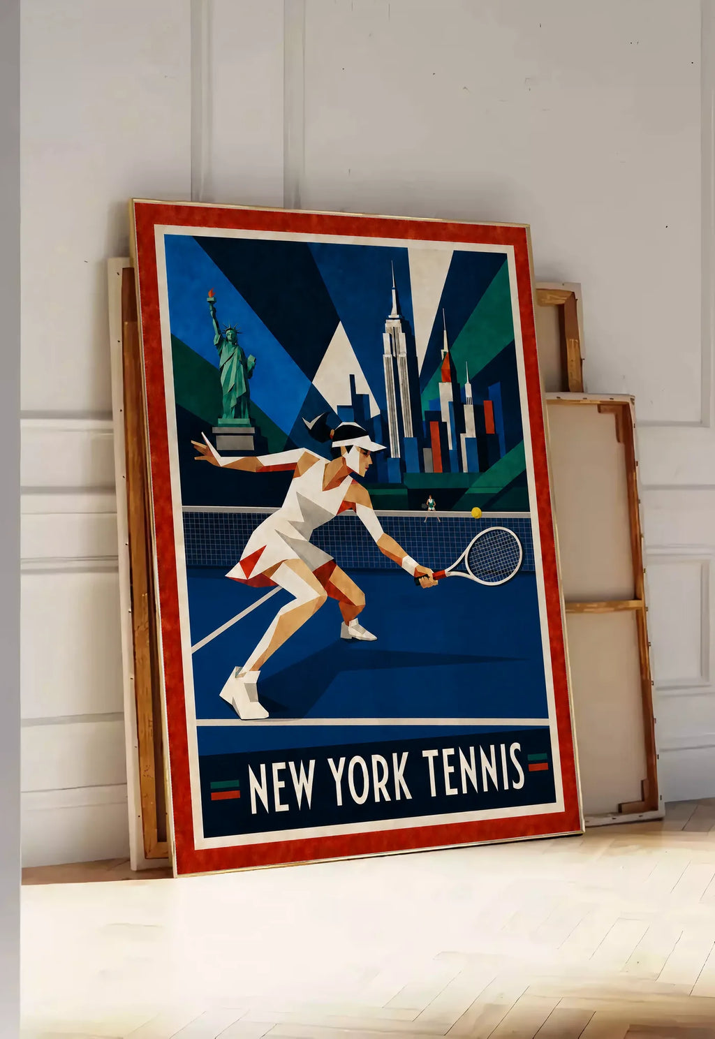 Affiche New York Tennis Geometric Femme Low demi-volée, affiche Art déco de tennis new-yorkaise