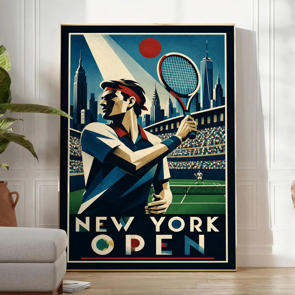 Affiche New York Tennis Open Male High Forehand Finish, affiche Art déco de tennis new-yorkaise