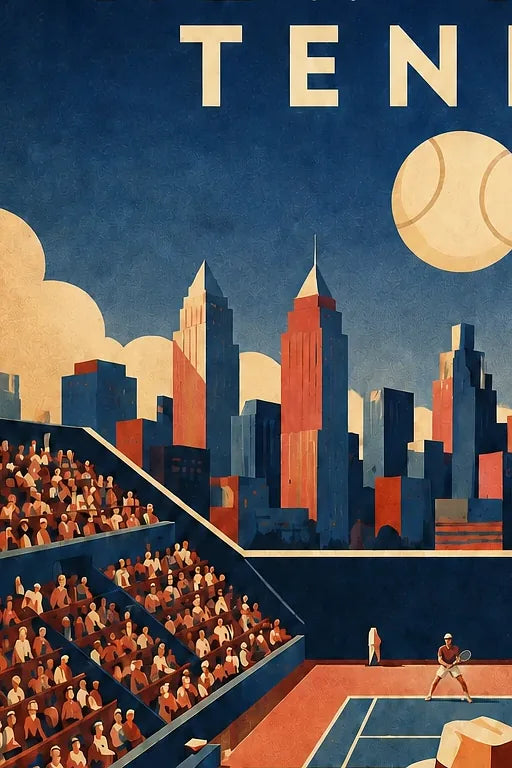 Affiche New York Tennis Homme Twilight Baseline 2, affiche Art déco de tennis new-yorkaise