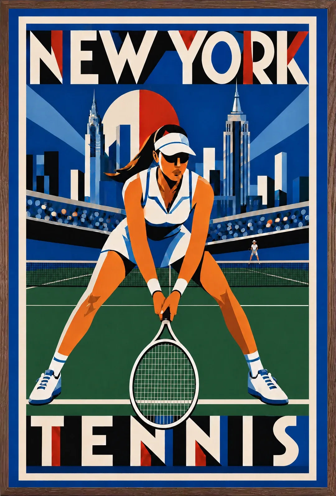 Affiche New York Tennis New York Tennis Femme Crouched revers, affiche Art déco de tennis new-yorkaise
