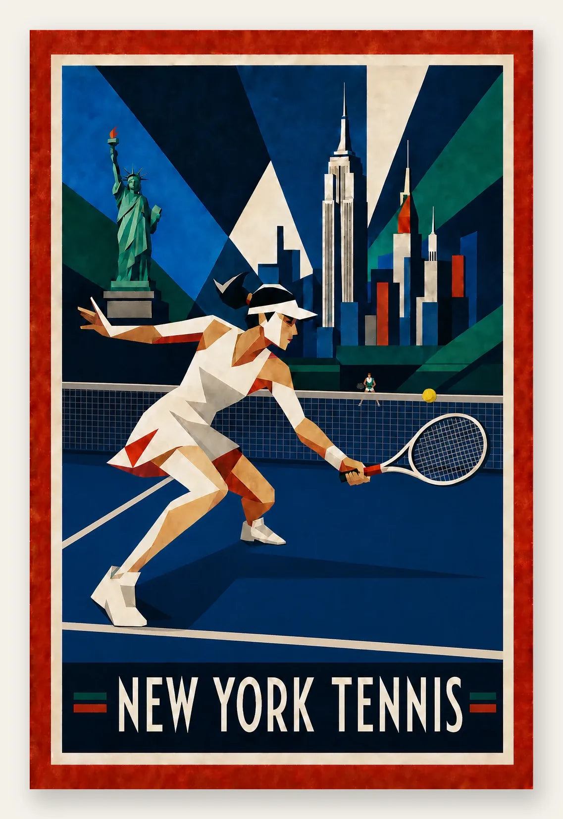 Affiche New York Tennis Geometric Femme Low demi-volée, affiche Art déco de tennis new-yorkaise