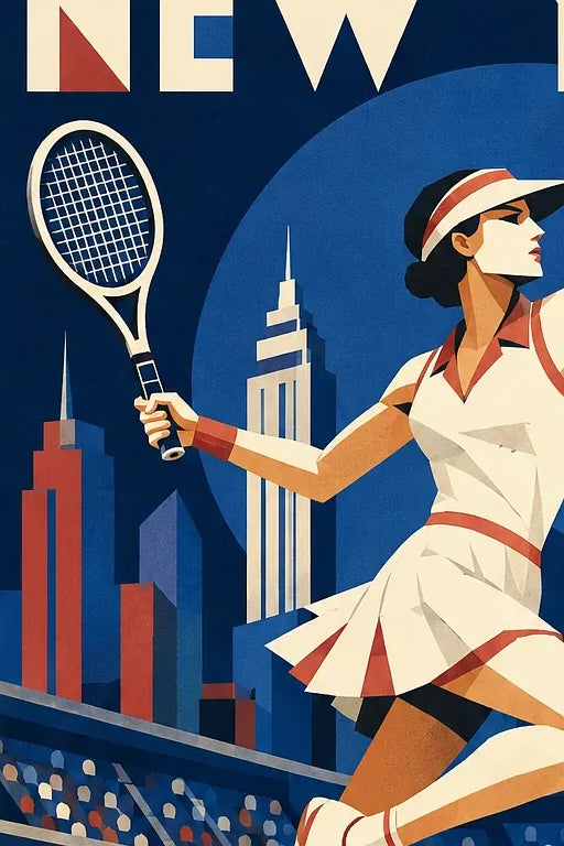 Affiche New York Tennis Tennis Female action offensive, affiche Art déco de tennis new-yorkaise