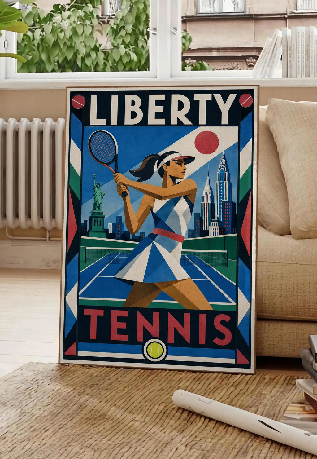 Affiche New York Tennis New York Tennis Femme revers Finish, affiche Art déco de tennis new-yorkaise